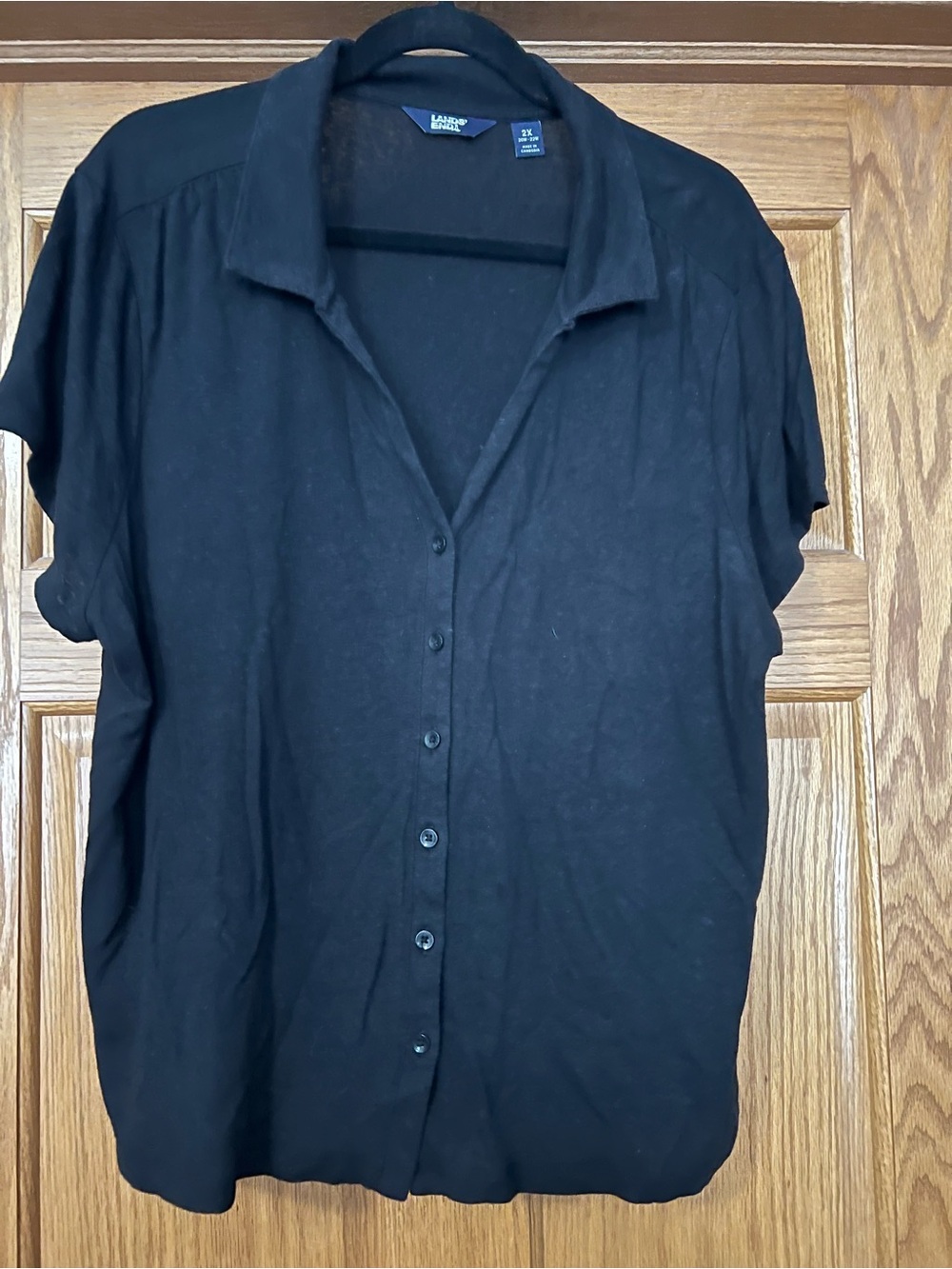 Lands End Black Button-Front Short Sleeve Blouse